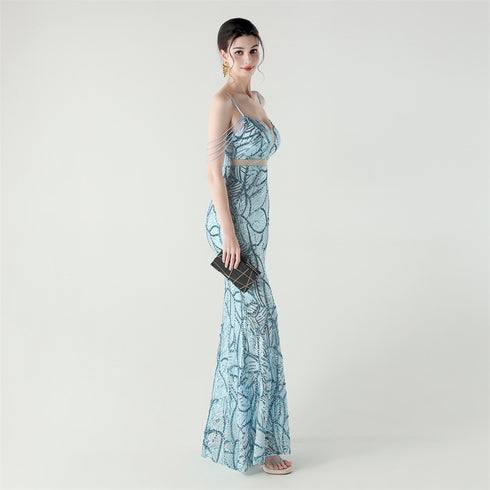 Graceful Sequin Embellished Mesh Mermaid Maxi Dress